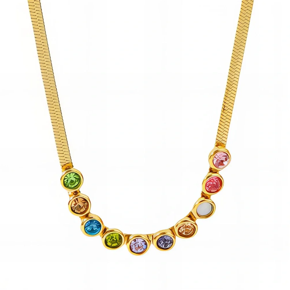 18K Gold Plated Rainbow CZ Necklace Waterproof Stainless Steel Dainty